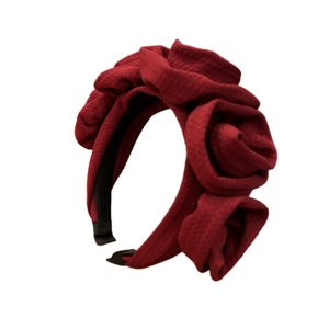 Elegant burgundy handmade fabric rose headband with vintage pleated floral design