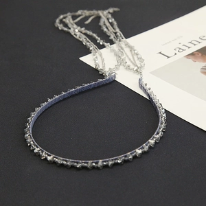 Beaded gradient crystal headband with denim texture and multi-layer silver fringe chains