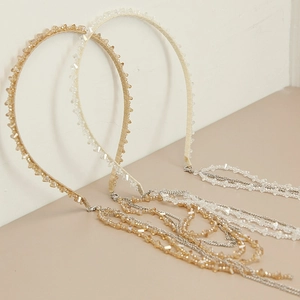 Detailed view of handmade crystal beaded headbands with long sparkling tassel chains