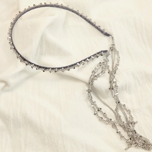 Detail of beaded headband featuring gradient crystal tassels and silver metal frame