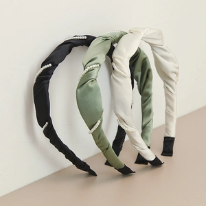 French Vintage Pleated Satin Headband With Artificial Pearls High Cranial Top Hair Hoop For Women Elegant Hair Accessories
