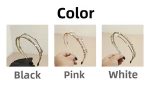 Detail view of double-row crystal headband in black, pink, and white color options