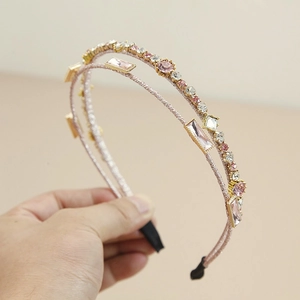 French style double row pink crystal headband with sparkling rhinestones and gems