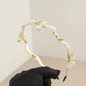 Französisches Barock Vintage Gold Legierung Stirnband Weiß Kunstperle Emaille Blume Blatt Haarreif Für Hochzeit Party Damen Schmuck