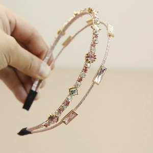 Elegant French style pink double-layer headband with handmade crystals and rhinestones
