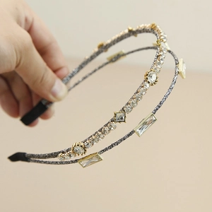 Elegant French handmade double-row crystal headband with gold-plated bead settings
