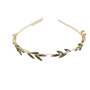 Vintage golden leaf headband with grey rhinestones and elegant baroque laurel design