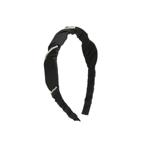 Elegant black pleated fabric headband for women with three rows of white pearls