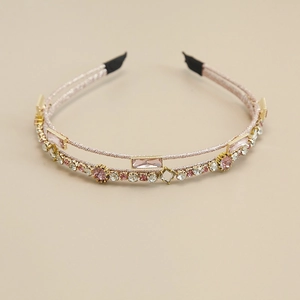 Detail of elegant double-layered headband with pink crystals and shimmering rhinestones