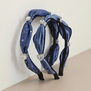 Vintage French Denim Rhinestone Headband For Women Heart Crystal Pleated Starry Print Hair Band Fashion Hair Accessories