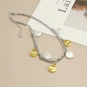 Exaggerated geometric double-layer necklace with Baroque pearls and gold letter charms