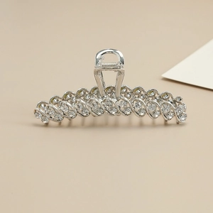 Elegant silver metal shark hair claw clip with clear rhinestones for a high-end look