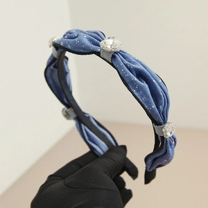 Denim headband with heart shaped rhinestones and silver glitter detail for women
