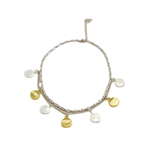 Double-layered geometric necklace with silver snake chain, pearls and gold min pendant