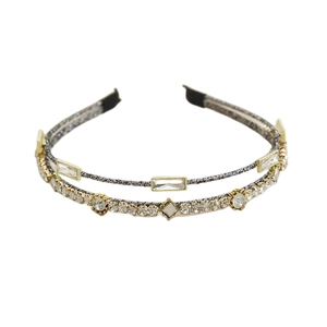 Elegant French style double-row crystal headband with vintage gold beads and clear rhinestones