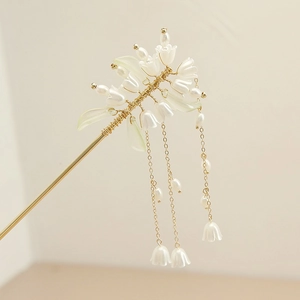 Elegant lily of the valley hair stick with white tassels and pearls for Hanfu styling
