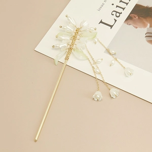 Elegant lily of the valley hair stick with gold tassels and pearls for Hanfu and Cheongsam