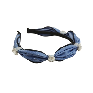 Blue denim twist headband with sparkling rhinestones and elegant french retro style