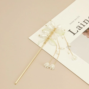 Vintage Lily of the Valley hair pin with golden tassels and pearls for Hanfu styling
