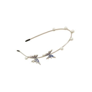 Elegant silver metal headband featuring blue enamel butterflies and white pearls on white background