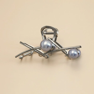 Elegant silver metal shark hair claw clip with purple pearls for women hair accessories