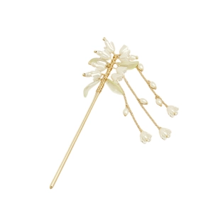 Vintage lily of the valley tassel hair pin with white flowers and golden metallic alloy
