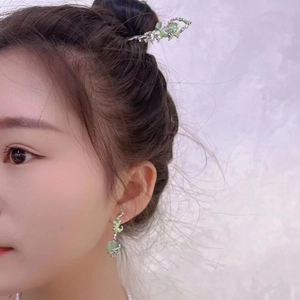 Chinese style silver hairpin and earrings set with green jade butterfly motifs