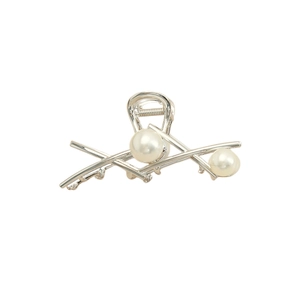Minimalist silver metal hair claw clip with geometric cross bars and white pearls