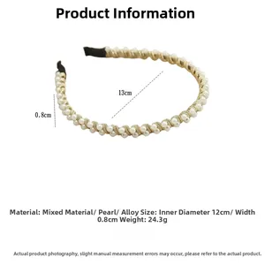 Detail of elegant gold alloy headband with hand-beaded white pearls measuring 0.8cm wide