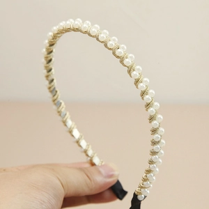 Elegant handmade pearl headband with gold wire weaving and white beads for daily wear