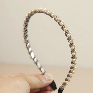 Handcrafted pearl headband with delicate silver wire wrap and vintage golden beads