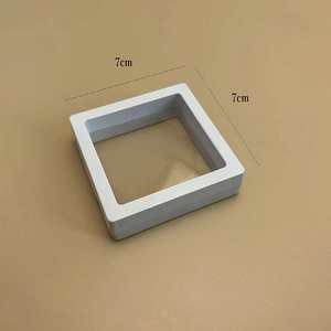 Minimalist white 3D floating jewelry display box with clear PE film, 7x7 cm square size