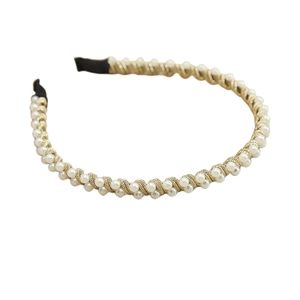 Elegant gold woven headband featuring handcrafted white pearls in a vintage Korean style