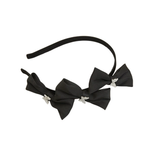 Eleganter schwarzer Satin-Haarreif mit drei Schleifen und funkelnden Kristall-Schmetterlingen