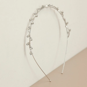 Detail of silver fairy zircon headband featuring delicate sparkling crystal vine branches