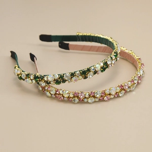 Green and purple rhinestone headbands with gauze wrap and elegant crystal embellishments