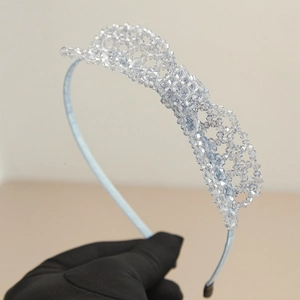 Handmade light blue crystal beaded headband with luxury woven pattern for women