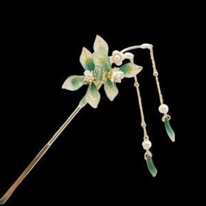 Antique Style Metal Hairpin With Resin Flower Tassel Faux Artificial Pearl Vintage Hair Stick For Women Hanfu Hair Accessory