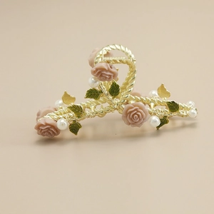 Korean Style Rose Vine Hair Claw Alloy Gold Framework Resin Flower Enamel Leaf Artificial Pearl Hair Clip For Women Wedding Jewelry