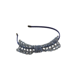 Handcrafted dark blue crystal beaded headband with elegant woven pattern on metal base