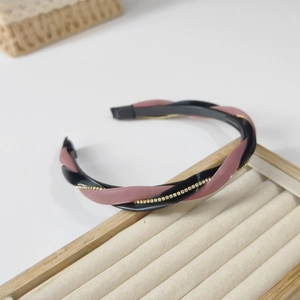 Twisted two-tone leather headband with rhinestones and anti-slip teeth for women