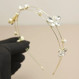Elegant Double Layer Rhinestone Butterfly Headband With Faux Artificial Pearl Alloy Hair Hoop For Women Wedding Party Hair Accessory