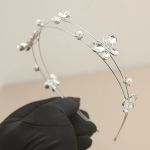 Double-layer silver metal headband featuring crystal butterflies and white pearls decor