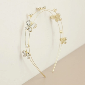 Double-layer gold metal headband with rhinestone butterflies and white pearls