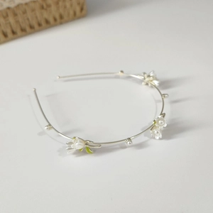Elegant silver headband with white lily of the valley flowers and pearls for women