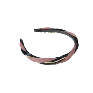 Twisted leather headband in pink and black with sparkling rhinestone accents for women
