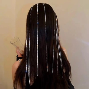 Macro shot of multi-layer sparkling rhinestone tassels on hair chain accessory