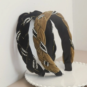 Vintage Braided Velvet Headband For Women Padded High Top Twist Hair Hoop With Faux Artificial Pearl Gold Thread Detail Hair Accessories