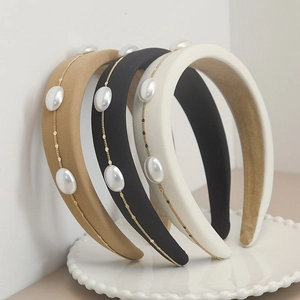 French Vintage Sweet Artificial Pearl Sponge Headband For Women Padded Fabric Wide Hairband With Gold Chain Elegant Hair Accessories