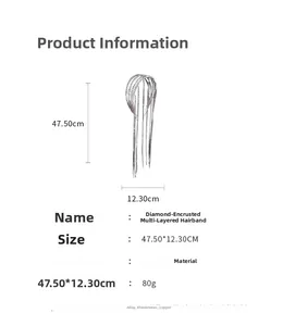 Detailed size and material specs for tiered rhinestone tassel headband in silver alloy